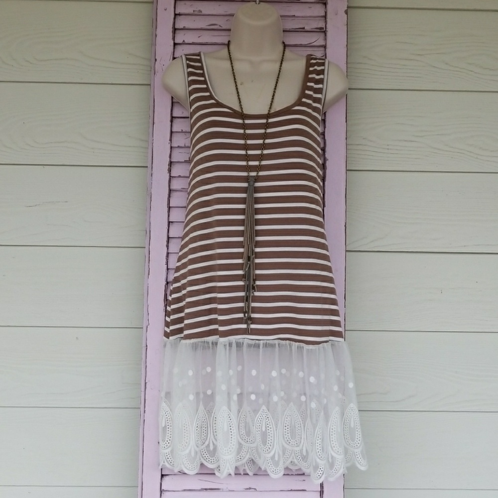 💗 NWT JODIFL Striped Knit Lace Tunic Top Dress M